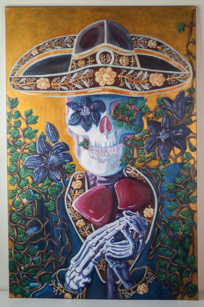 <h3>La mort applaudit, acrylique sur toile, 115 x 75 cm, mars 2019, Lille, France</h3><p>Cette vanité s’inspire de la fête des morts mexicaine. Alors que notre culture européenne nous contraint au deuil et au chagrin dès que l’on évoque le trépas, au Mexique, on rend hommage aux morts en organisant chaque année une fête colorée et joyeuse.</p>
